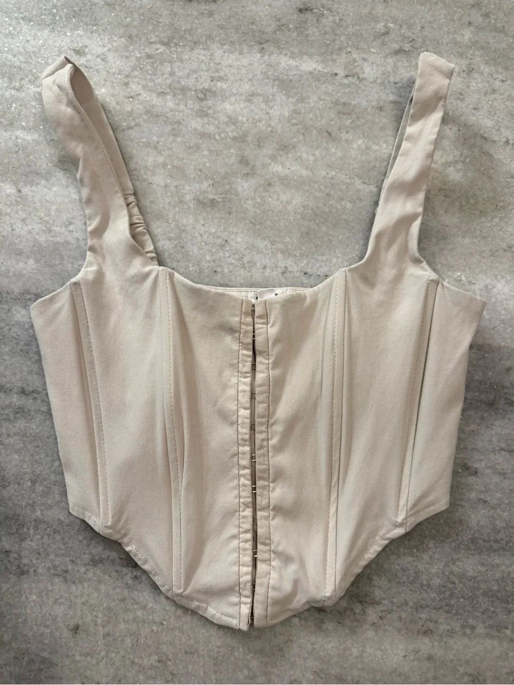 Garage bone coloured hook and eye front closure corset crop top